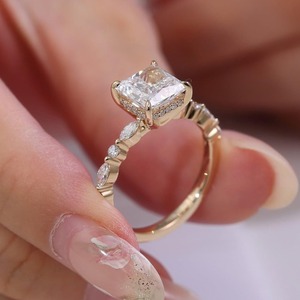 Bague princesse en moissanite 3CT, or jaune 14 carats, style Art Déco, bague de fiançailles Milgrain, bague à griffes, bague de promesse, cadeau pour femme - Product Image 3