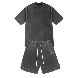 Men's Garment Acid Wash Cotton T-Shirt & Shorts Set Solid Color Casual Summer Wear Knitted Fabric Drawstring Waist - Product Image 3