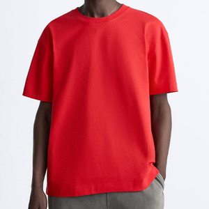 T-shirt en coton uni rouge pour homme, col rond, manches courtes, décontracté, couleur unie, coupe classique, jersey tricoté - Product Image 6