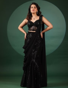 Sari en viscose pré-drapé KV Eclipse avec chemisier - Tenue de soirée, sans plis, réversible - Product Image 5