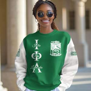 Chaqueta Universitaria Personalizada Iota Phi Lambda, Chaqueta Universitaria Blanca con Verde Esmeralda, Sudadera de la Hermandad Iota Phi Lambda - Product Image 1
