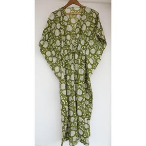 Elegante Vestido Kaftán Verde de Algodón con Estampado Floral a Mano, Vestido Largo Informal Bohemio de Verano para Mujer, Talla Grande - Product Image 1