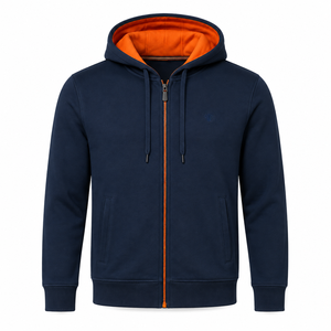 Men's Winter Navy Blue Hooded Zip-Up Sweatshirt Digital Printing <b>Orange</b> Lining Regular Fit Casual Polyester Cotton <b>Fleece</b> Fabric - Product Image 1