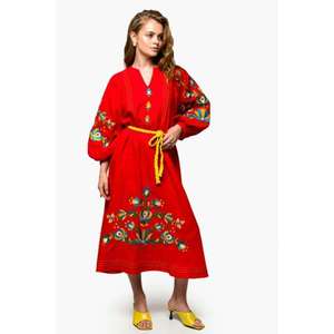 เดรสผ้าฝ้ายปักลายสไตล์โบฮีเมียนสีเหลืองสำหรับผู้หญิง คอวี แขนพอง แต่งพู่ผูกเอว สไตล์ชาติพันธุ์ - Product Image 2