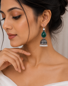 Pendientes Jhumka de Plata Oxidada con Perlas de Piedra Verde Pera, Hechos a Mano, Estilo Étnico Indio, para Mujer, Venta al Por Mayor Directo de Fábrica - Product Image 2