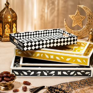 Juego de bandejas para servir con incrustaciones de nácar |   Bandeja Redonda de Madera Hecha a Mano |   Decoración Árabe para el Hogar para el Ramadán y el Eid, Regalo de Lujo para Servir en la Cocina - Product Image 6