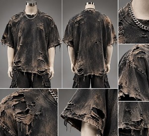 <b>Men's</b> Distressed Ripped T-<b>Shirt</b> <b>Slim</b> <b>Fit</b> Washed <b>Black</b> Short Sleeve O-Neck Streetwear Tee 100% Cotton Quick Dry Front Logo - Product Image 1