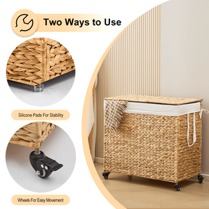 Cesto para Ropa Sucia de 160L, 3 Secciones, Tejido con Jacinto de Agua Natural, con Tapa y Ruedas, Diseño Rodante para Mayor Comodidad - Product Image 5