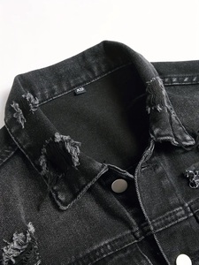 Men's Slim Fit Distressed <b>Denim</b> <b>Jacket</b> With Patches Punk Style Ripped Washed Black Button Front Coat Autumn Wear - Product Image 4