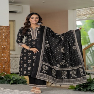 Latest Designer Black Straight Ethnic <b>Kurta</b> Pant Dupatta Set for <b>Women</b> | Traditional Indian Printed Suit - Product Image 1