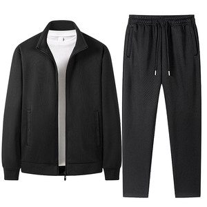 Survêtement noir pour homme, fermeture éclair intégrale, col montant, couleur unie, respirant, nylon/coton, léger 220g, coupe classique, automne - Product Image 1