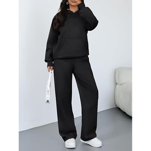 Ensemble de survêtement décontracté en polaire pour femme, hiver, couleur unie, sweat-shirt oversize et pantalon de survêtement à jambe droite - Product Image 3