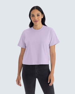 T-shirt court à col rond pour femme, lavande, manches courtes, décontracté, en jersey de coton, coupe classique, printemps-été, couleur unie - Product Image 1