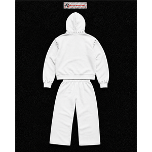 Conjunto de chándal blanco con tachuelas para hombre, sudadera con capucha y pantalones con cremallera completa, ropa casual de calle, traje de jogging, ropa deportiva premium personalizada al por mayor. - Product Image 6
