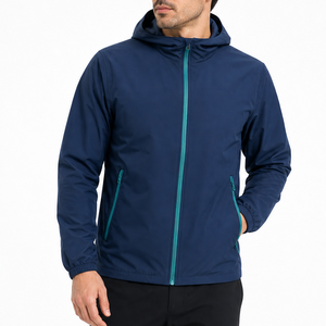 Blouson coupe-vent décontracté à capuche pour homme, bleu sarcelle vif, avec fermeture éclair, veste de sport et de course bleu marine - Product Image 1