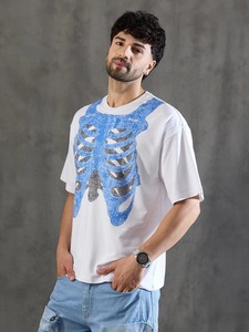 Camisetas de Hombre de Alta Calidad, 100% Algodón, Estampado Gráfico, Estilo Urbano, Oversize, Estampado de Esqueleto Azul, Corte Regular, Casual - Product Image 2