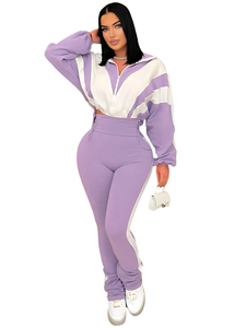 Conjunto Deportivo Personalizado para Mujer, Color Morado con Bloques de Color, Corte Regular, Transpirable, con Franja Lateral de Spandex, Top con Cierre y Pantalones Apilados, Conjunto de 2 Piezas - Product Image 3