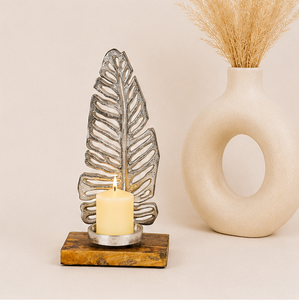 Handcrafted Silver Metal <b>Leaf</b> Pillar Candle Holder With Natural Mango Wood Base For Tabletop Living Room Decor & Wedding - Product Image 2