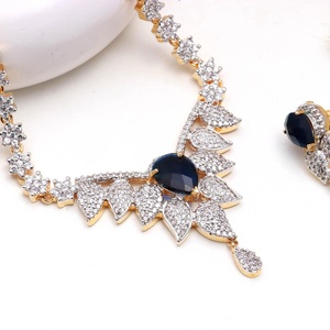 Conjunto de collar de zafiro azul de diseño, con circonitas cúbicas de corte pera, chapado en oro sobre latón, ajustable, joyería nupcial, regalo nupcial al por mayor para ella - Product Image 1