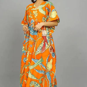 Caftán indio hecho a mano de algodón con estampado de pájaros, estilo bohemio, para la playa, vestido de verano, cómodo y holgado, para mujer. - Product Image 1