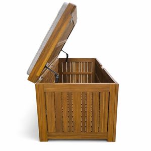 Solid Acacia Wood & Fabric Modern Outdoor Patio <b>Bench</b> <b>with</b> Built-in <b>Storage</b> Box Cushion Weather Resistant Handwoven - Product Image 3