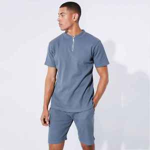 Ensemble de t-shirts à manches courtes pour homme, bleu, col zippé, en coton tricoté, décontracté, pour l'été, couleur unie, respirant - Product Image 1