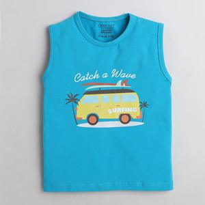 เสื้อยืดแขนลายจุดน้อยกว่าจับรถบัสคลื่นพิมพ์-สีน้ำเงิน - Product Image 1
