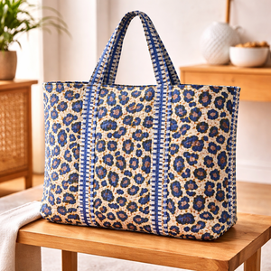 Sac fourre-tout en coton bleu à imprimé animalier Ikat, grande capacité, réutilisable, avec fermeture éclair, pliable, écologique, sac à main pour femme - Product Image 1