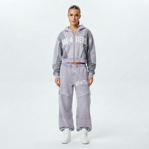 Women Washed <b>Cropped</b> Zip Up Hoodie and Wide Leg Cargo <b>Jogger</b> Pants Two Piece Tracksuit Set - Product Image 1