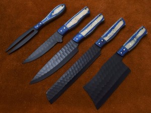 OEM Custom Handmade Stainless Steel 5 Pieces Black Powder Coted Chef <b>Knife</b> <b>Set</b> With Wooden Handle & With Leather Sheath - Product Image 6