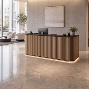 Comptoir de réception incurvé de 70,8 pouces avec grille à lattes verticales et éclairage LED intégré, comptoir moderne pour salon, clinique, salle de sport, hôtel - Product Image 1