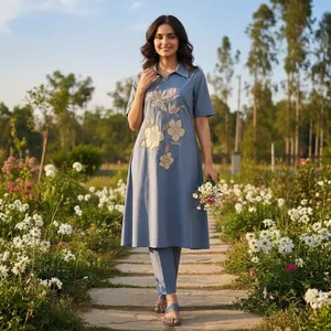 Robe midi brodée florale bleue pour femme, col chemise, manches courtes, style kurta décontracté, avec pantalon assorti, ensembles pour femmes - Product Image 1