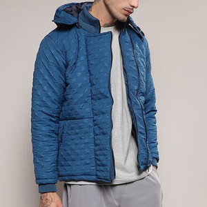 Chaqueta Acolchada Azul para Hombre, Cuello Alto, Cierre de Cremallera, Resistente al Viento, Abrigo Casual de Invierno, Color Sólido, Relleno de Algodón, Diseño Paisley - Product Image 1