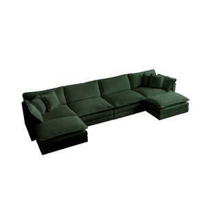 Divano Modulare a U in Ciniglia Verde con Chaise Longue Reversibile e Pouf Extra, Grande Divano Componibile per Soggiorno - Product Image 4