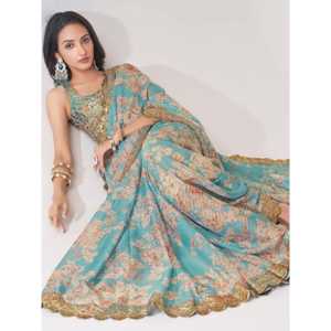Pretty Sky Blue Floral Print Organza Festival Wear Saree Con Blusa - Product Image 5