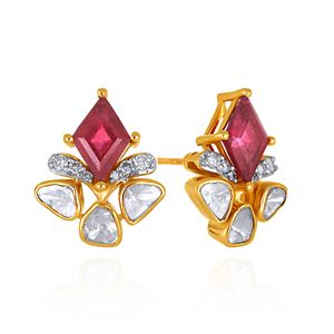 Pendientes de Diamantes de Lujo para Mujer, Chapados en Oro de 14K, con Piedra Roja de Corte Princesa y Diamantes Blancos, Joyería para Fiestas - Product Image 2