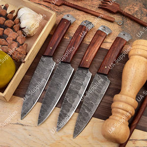 Ensemble de couteaux à steak professionnels en acier Damas à lame pleine, manche ambidextre, finition brossée, bois naturel, lame tranchante comme un rasoir, faits à la main - Product Image 2