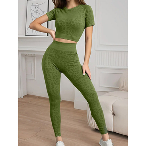 Short Sleeve <b>Crop</b> <b>Top</b> & High-Waisted Premium Quality Newest Factory Price Best Seller Breathable Cotton T-Shirt And Leggings Set - Product Image 1