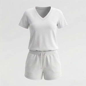 Women's <b>2</b> <b>Piece</b> Knitted Solid <b>White</b> V Neck Short Sleeve T Shirt and Above Knee Shorts <b>Set</b> Casual Breathable Spring Summer Wear - Product Image 1