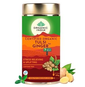 Organic India Tulsi Ginger Tea 100g Rich in Antioxidants Supports Digestion Stress Relieving Helps Boost <b>Metabolism</b> Caffe - Product Image 1