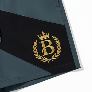 Shorts de bain brodés pour hommes à motif géométrique, séchage rapide, taille à cordon, décontractés, bleu foncé, noir, logo doré sur le devant - Product Image 5