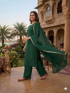Conjunto de Salwar Kameez de Lujo en Verde Botella Tradicional, Tela Faux Georgette, Bordado Chikankari Lucknowi, Secado Rápido, Corte Recto, para Fiesta - Product Image 4