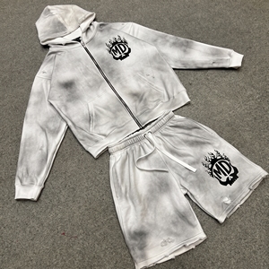 Custom Eco-Friendly 100% Cotton <b>Summer</b> Acid Wash Distressed Fleece Hoodie Shorts Set <b>Men</b> Streetwear Full Zip Tracksuit - Product Image 1