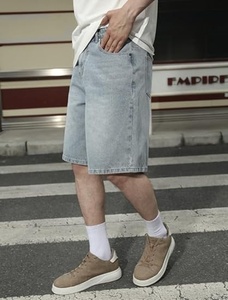 Shorts Bermuda en jean bleu clair taille haute pour homme, décontractés, en coton délavé, avec braguette boutonnée, motif uni - Product Image 4