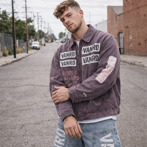 Custom Logo Design <b>Men</b>’s Distressed Woven Cotton Twill <b>Canvas</b> Zip Up Vintage Acid Wash Work <b>Jacket</b> Streetwear Outerwear - Product Image 2