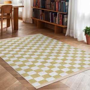 Modern Gold White <b>Checkered</b> Area Rug Soft Decorative Living Room Carpet | Living Room Carpet Non-Slip Machine Washable Floor Mat - Product Image 3