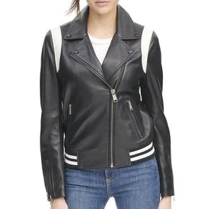 Chaquetas de mujer RTS recién llegadas con logotipo personalizado en blanco y negro, chaqueta vintage para invierno, abrigo de cuero elegante, chaqueta bomber genuina. - Product Image 1