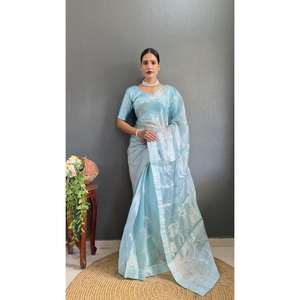 ATRACTIVA SECUENCIA DE BORDADO DE SECUENCIA TRABAJO SAREE CON BLUSA SIN COSTAR SKY - Product Image 1