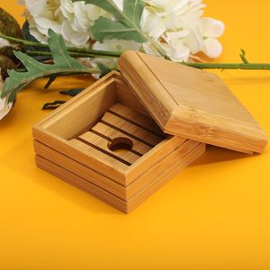 Bamboo Square <b>Soap</b> <b>Dish</b> Set of Four Minimalist Storage Box <b>with</b> <b>Lid</b> for Bathroom Use - Product Image 2