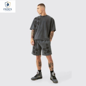 Conjunto de Camiseta y Pantalones Cortos para Hombre INDEX APPAREL, con Estrella Bordada, Cuello Redondo, Tejido de Algodón, Estilo Urbano de Verano, 2 Piezas - Product Image 1